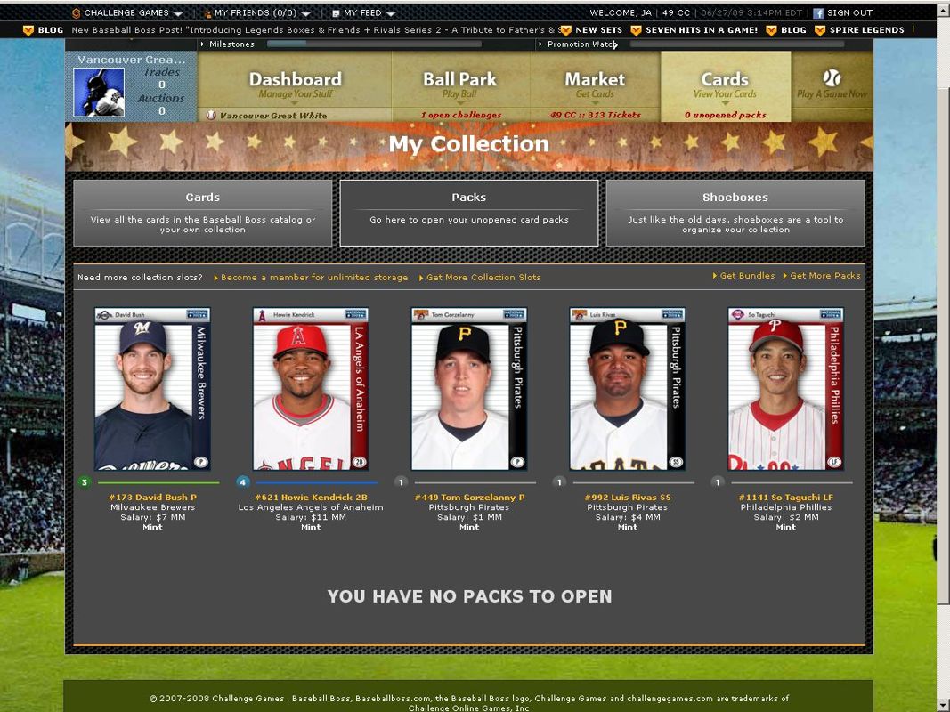 Baseball Boss (Browser) screenshot: Opening a new pack of cards.