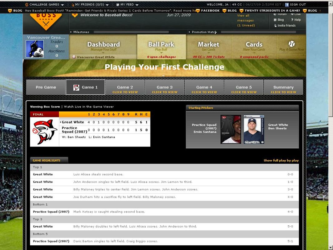 Baseball Boss (Browser) screenshot: The first game...