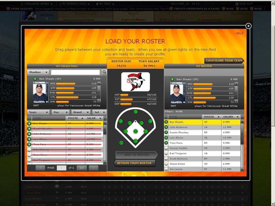 Baseball Boss (Browser) screenshot: Loading my current roster...