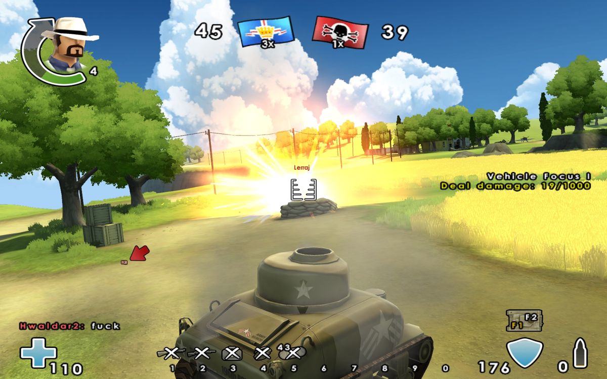 Battlefield: Heroes (Browser) screenshot: A tank can used to blow thing up. Here a poor enemy soldier whose cover just isn't sufficient.