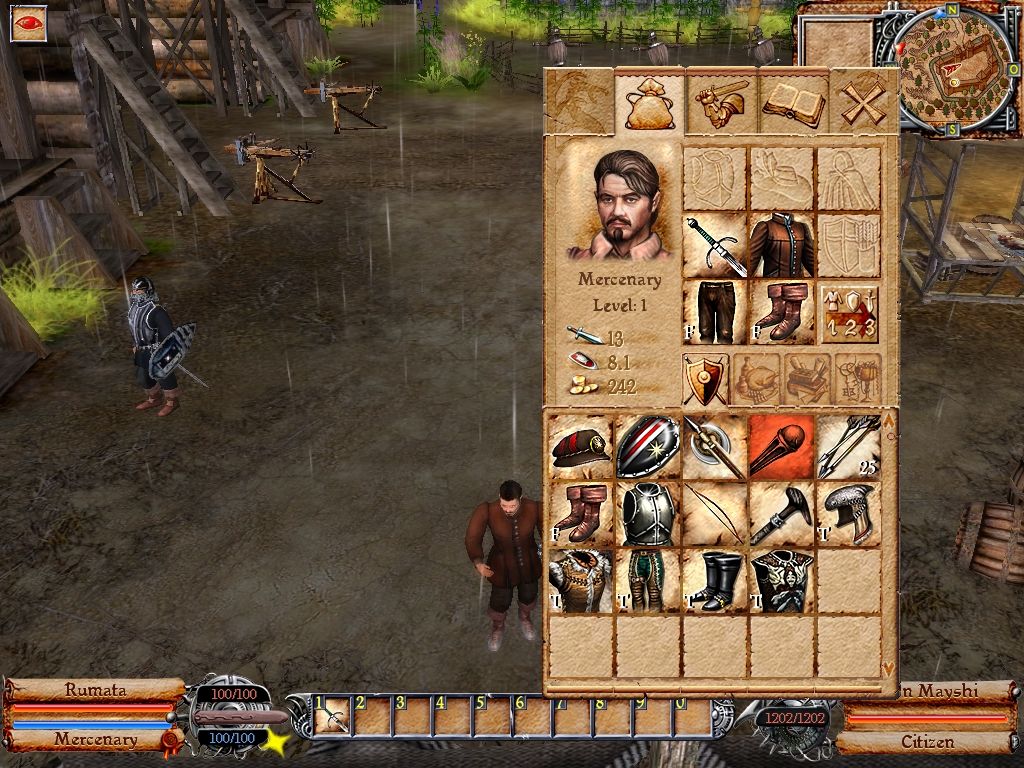 Hard to Be a God (Windows) screenshot: Inventory screen: Changing costumes allows you to disguise yourself as a bandit, thief or some other faction member.