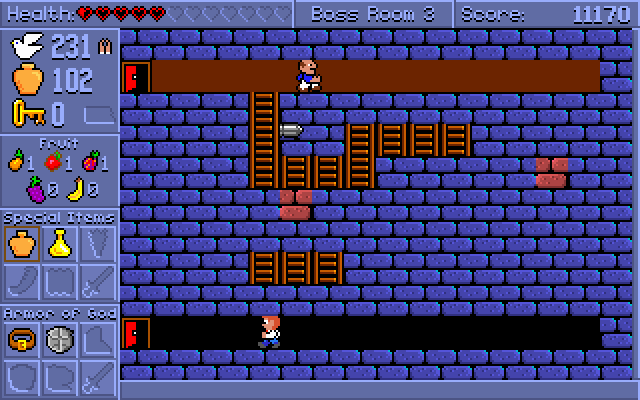 Spiritual Warfare (DOS) screenshot: The third boss guards the Boots of Peace and drops seeking bombs that turn glowing bricks into ladders
