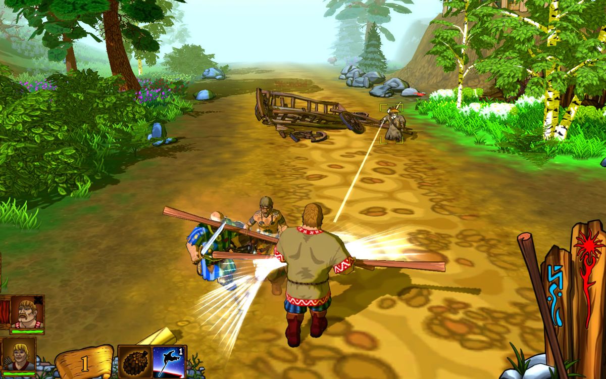 Fairy Tales: Three Heroes (Windows) screenshot: Dobrynya attacks three opponents with a wooden shaft.