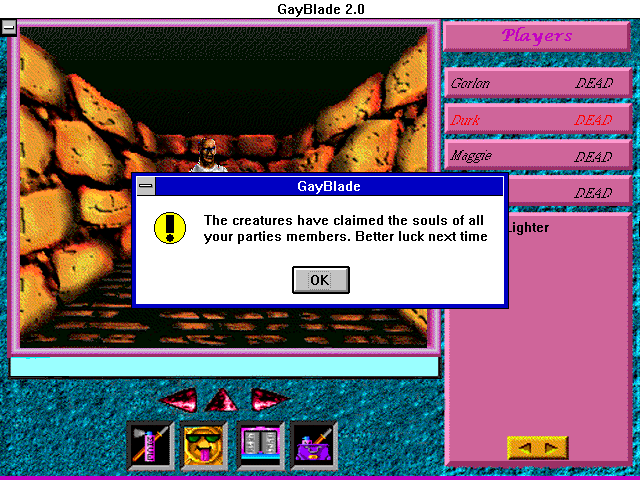 GayBlade (Windows 3.x) screenshot: Oops... we died. While you can revive individual party members, if your whole party dies it's game over.