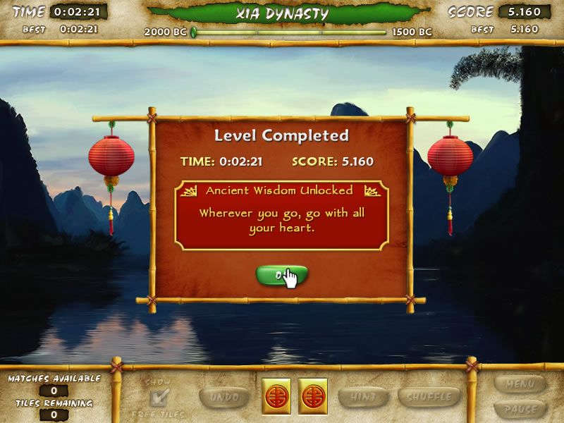 Mahjong Escape: Ancient China (Windows) screenshot: Level completed, a piece of Ancient Wisdom is provided.