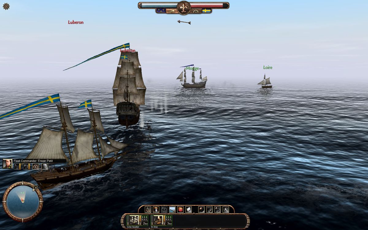 East India Company (Windows) screenshot: Sweden takes on two, equal ships in the tactical level of the game.
