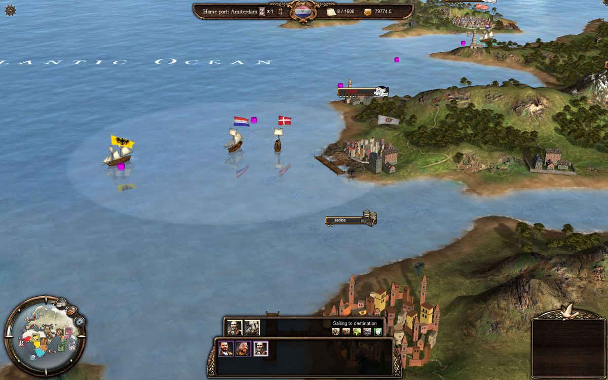 East India Company (Windows) screenshot: Some ships of different names, with a lighter blue circle for the viewing range.