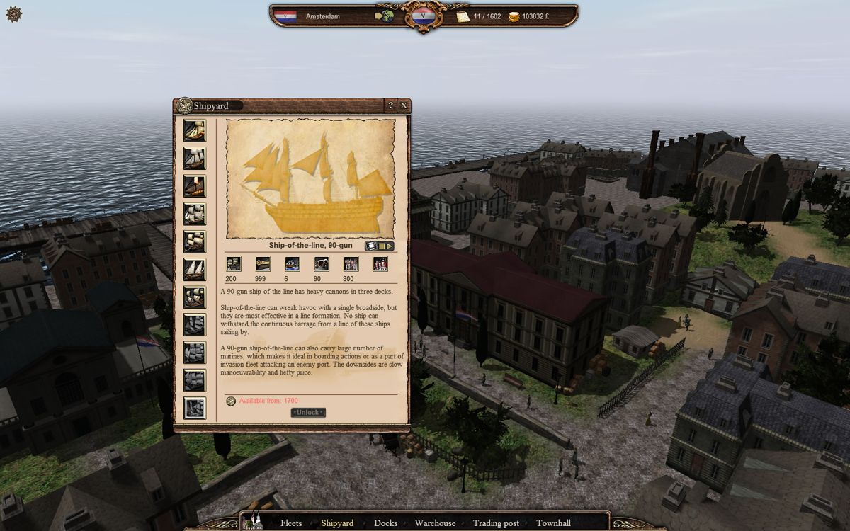 East India Company (Windows) screenshot: Some ships only become available at a specific time in history. This one won't be available until 1700.
