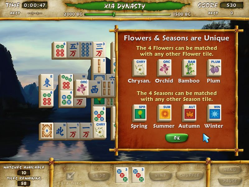 Mahjong Escape: Ancient China (Windows) screenshot: Explanation of the flower and season tiles