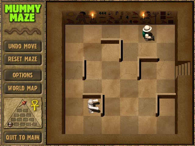 Mummy Maze Deluxe (Windows) screenshot: From this position, the game logic prevents the mummy from moving if I now head straight to the exit.