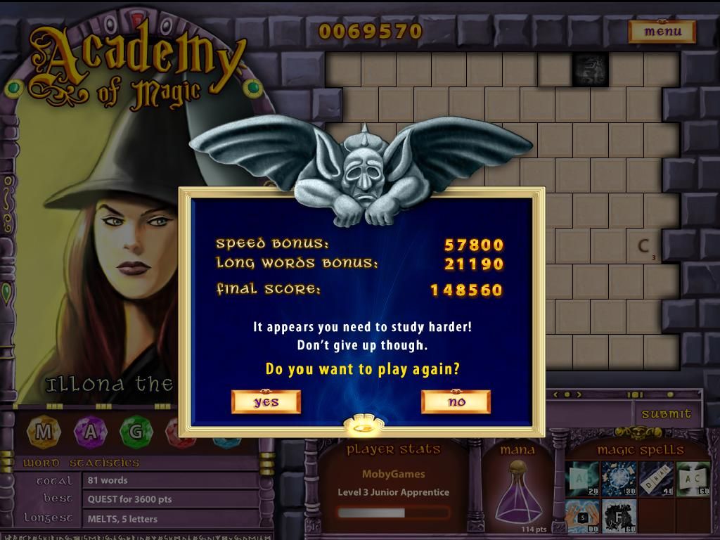 Academy of Magic: Word Spells (Windows) screenshot: A black tile got to the left side or I ran ourt of time. Game over.