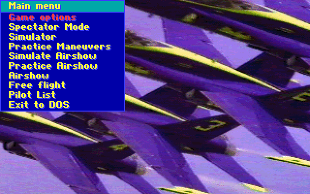 Blue Angels: Formation Flight Simulation (DOS) screenshot: the main menu (MCGA/VGA)