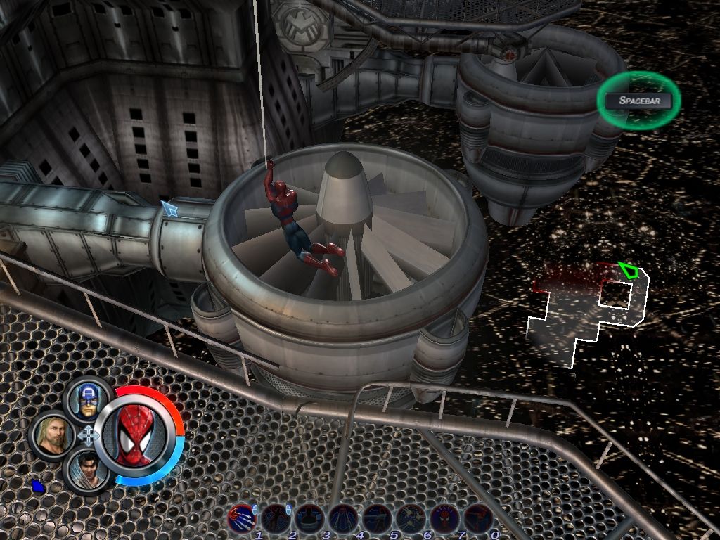 Marvel Ultimate Alliance (Windows) screenshot: Spider-Man can use his webs to swing...