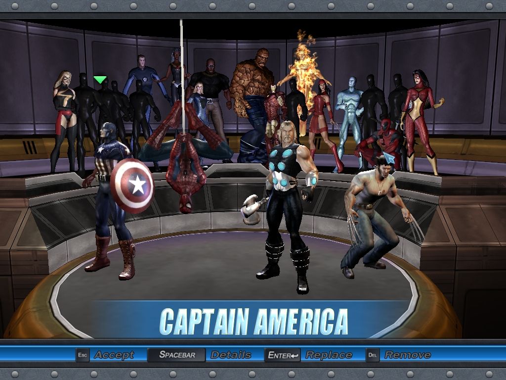 Marvel Ultimate Alliance (Windows) screenshot: Hero selection screen: certain heroes need to be unlocked first