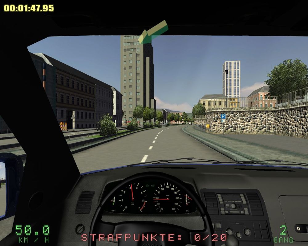 Driving Simulator 2009 (Windows) screenshot: The green arrow points to your next destination, and the timer puts you under pressure. The red text at the bottom counts your penalty points.