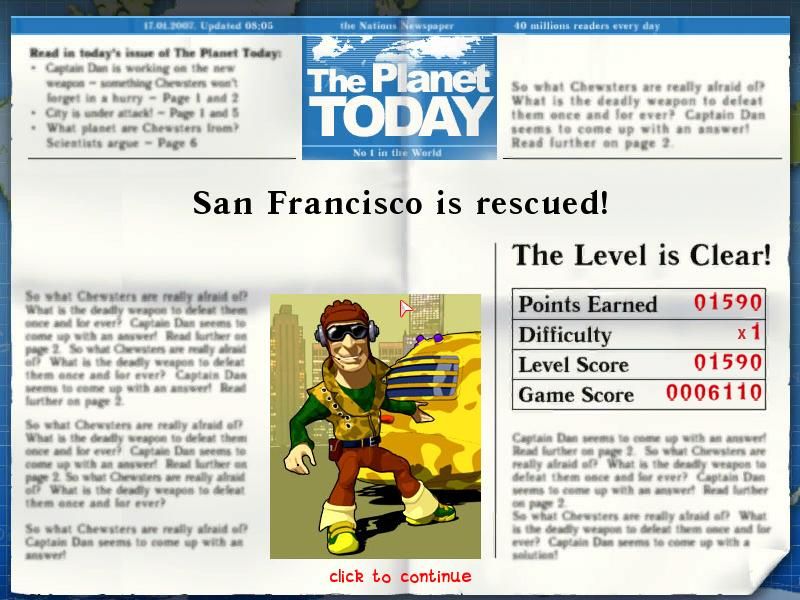 Chewsters (Windows) screenshot: This is the screen you see after each level, although the headlines change.