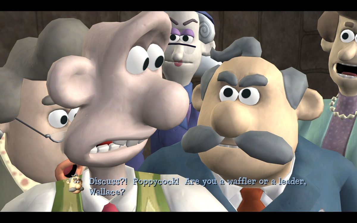 Wallace & Gromit in The Bogey Man (Windows) screenshot: Wallace doesn't know what to do and get's pushed by Major Crum.