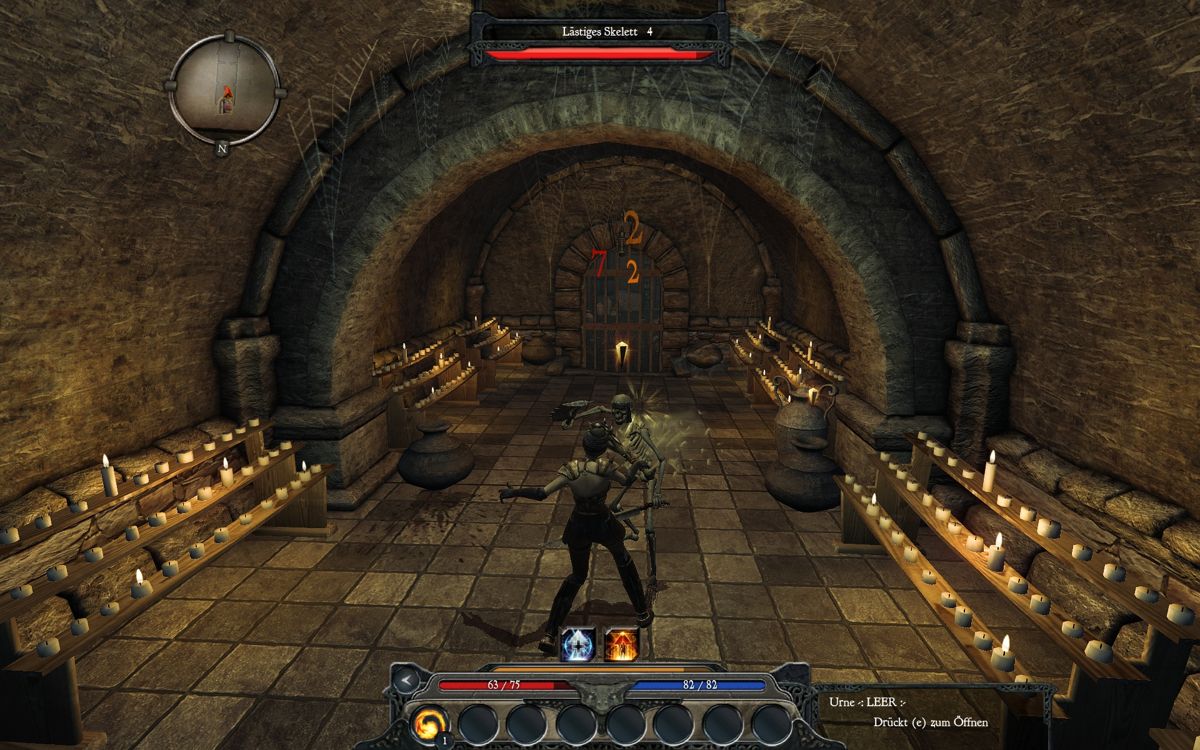 Divinity II: Ego Draconis (Windows) screenshot: Fighting a skeleton in a crypt - classic role-playing style