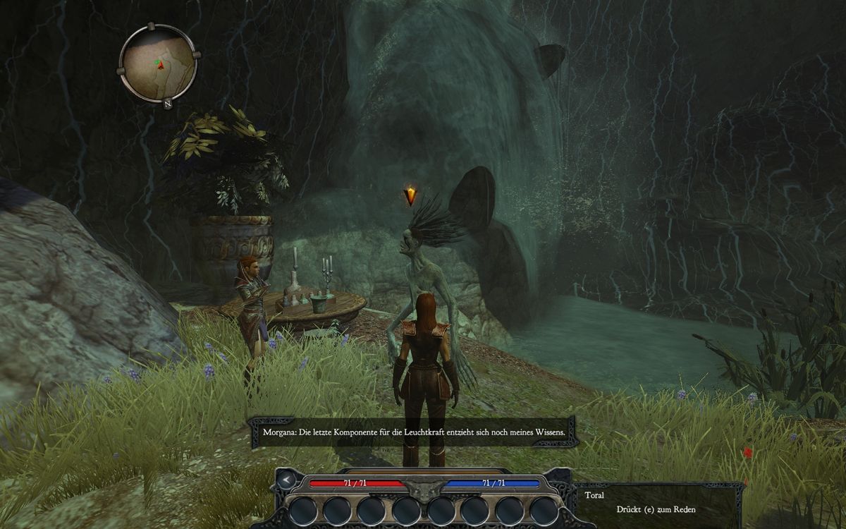 Divinity II: Ego Draconis (Windows) screenshot: Morgana talks to a ghost about new ways to make things explode (meaning alchemy)