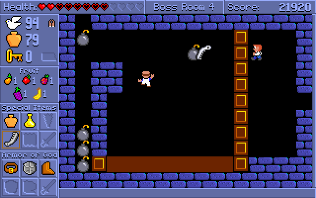 Spiritual Warfare (DOS) screenshot: The fourth boss throws bombs at you to stop you from getting the Helmet of Salvation