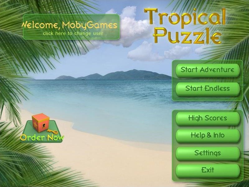 Tropical Puzzle (Windows) screenshot: Title screen and main menu