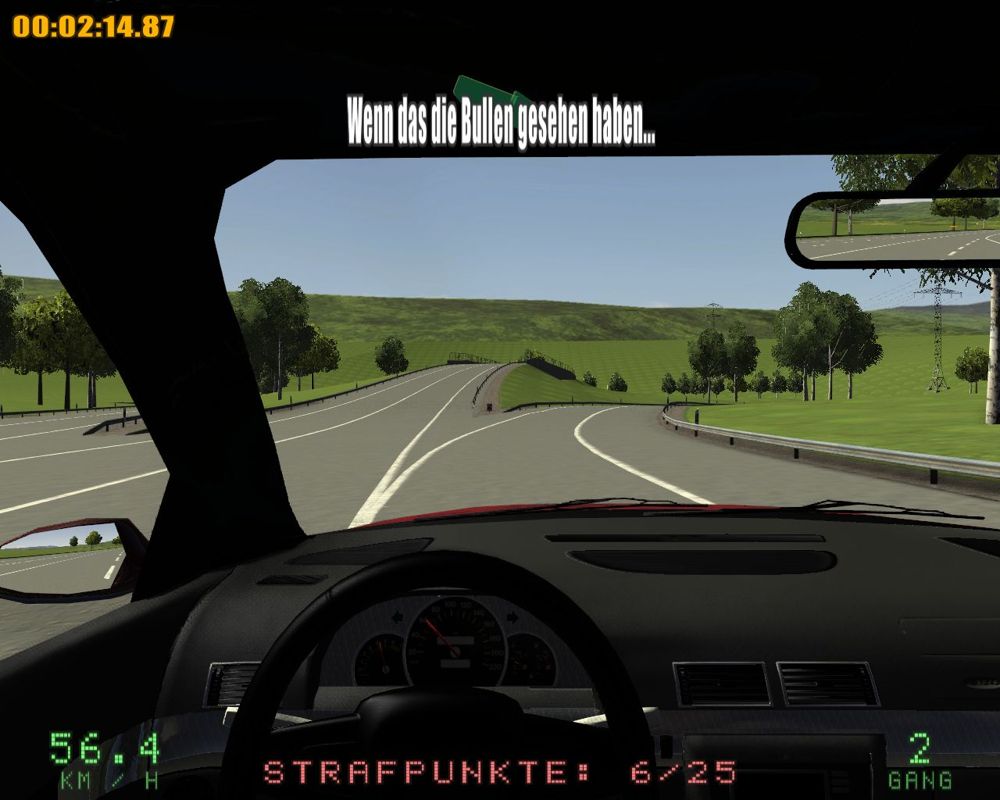 Driving Simulator 2009 (Windows) screenshot: The ramp to the autobahn; the on-screen text wonders whether the cops witnessed my recent driving (there are no squad cars in the game though)