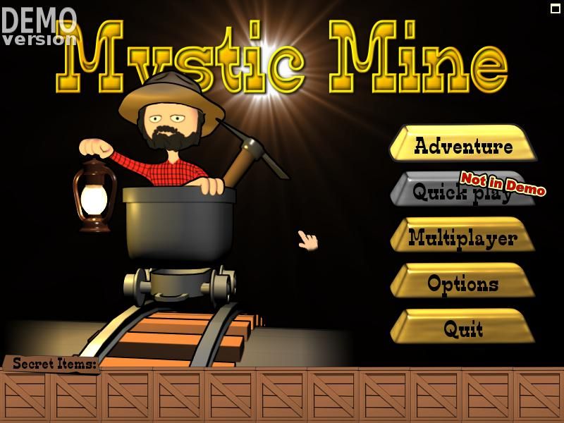 Mystic Mine (Windows) screenshot: Title screen and main menu (Demo version)