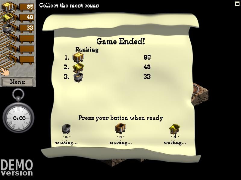 Mystic Mine (Windows) screenshot: Game ended! Player 2 collected the most coins. (Demo version)