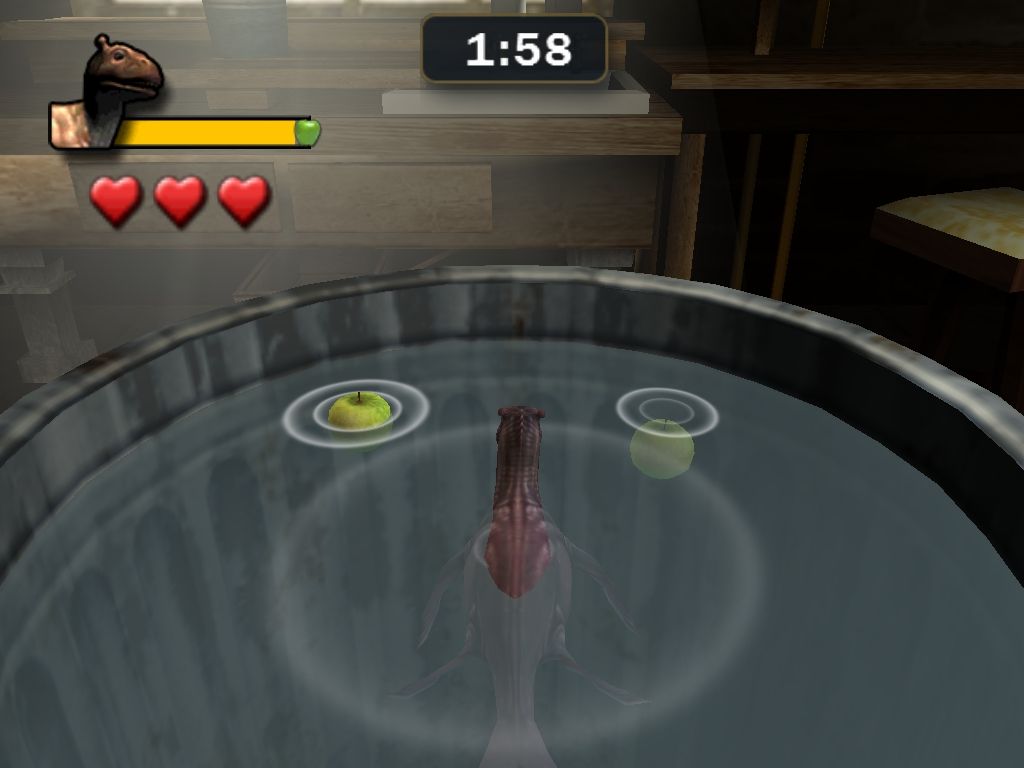 The Water Horse: Legend of the Deep (Windows) screenshot: The little creature is being fed apples. But why is he in a barrel?