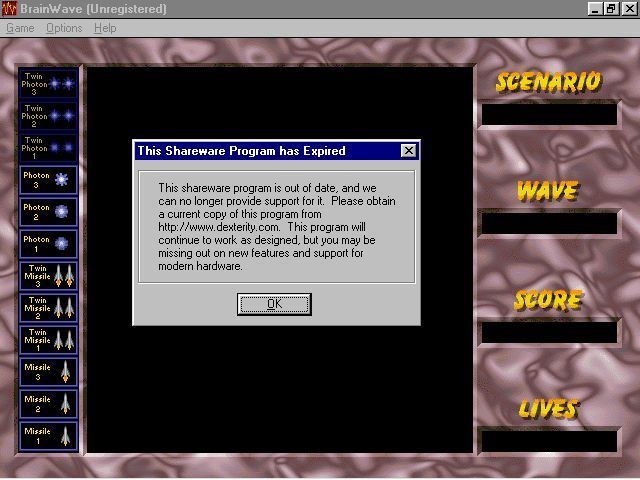 BrainWave (Windows 3.x) screenshot: Loading and running the shareware release in 2013 brings up this message on the first screen. It's not a problem though.