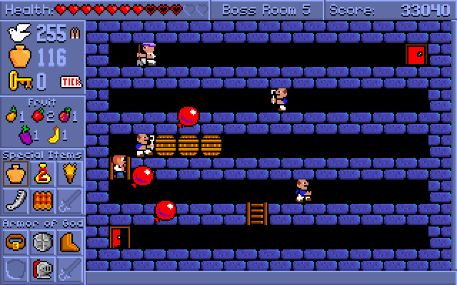 Spiritual Warfare (DOS) screenshot: The fifth boss guards the the Sword of the Spirit by dropping balloons and his cronies push you with barrels