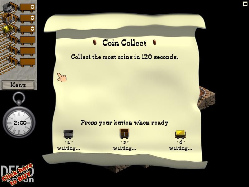 Mystic Mine (Windows) screenshot: You have 120 seconds (2 minutes) to collect the most coins. Press your button when you are ready. (Demo version)