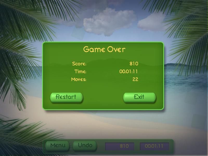 Tropical Puzzle (Windows) screenshot: The screen eventually filled with balls. Game over.