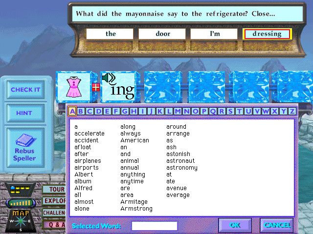 Thinkin' Things: Sky Island Mysteries (Windows) screenshot: The spell checker/dictionary on Rebus Isle