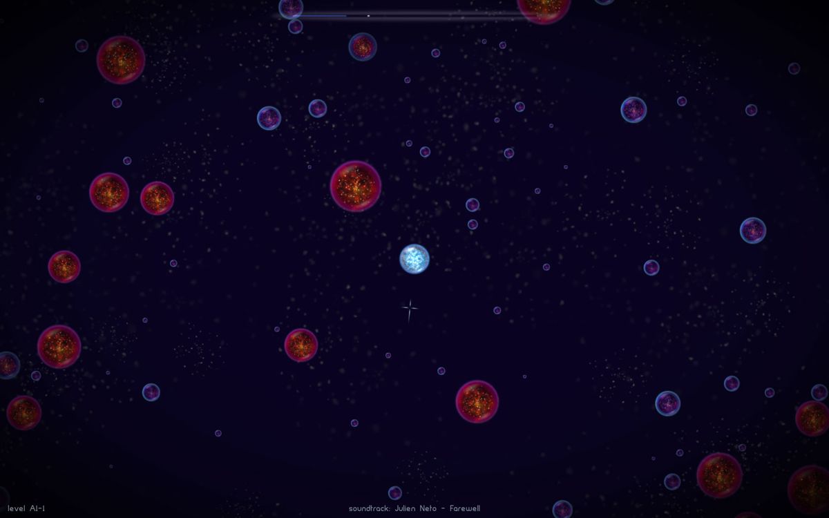 Osmos (Windows) screenshot: Objects that cannot be touched because of the size are shown in red.
