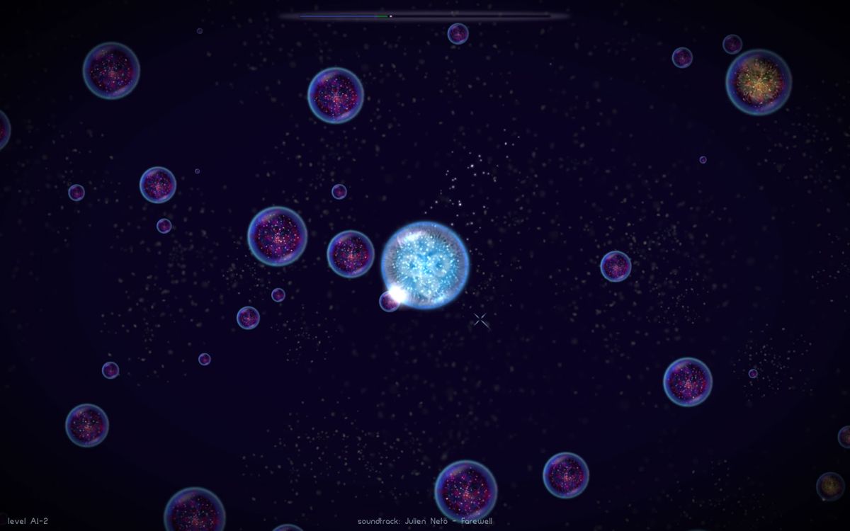 Osmos (Windows) screenshot: Touching a smaller object, it is absorbed.