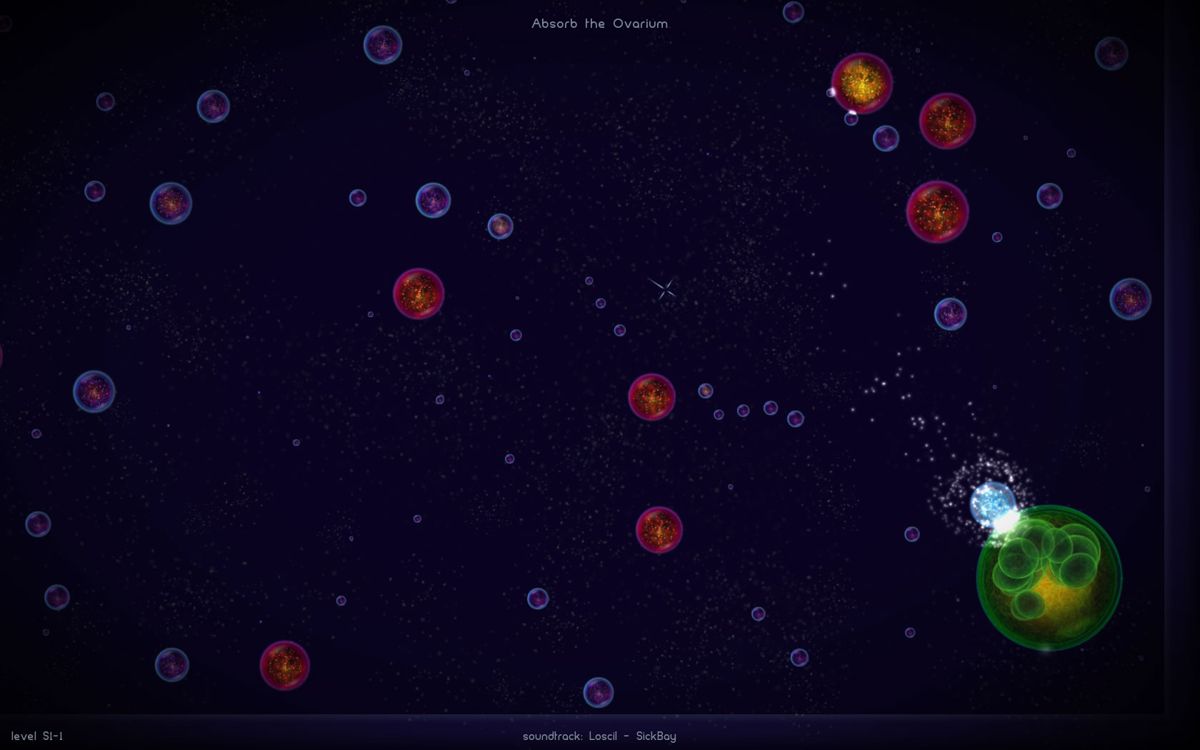 Osmos (Windows) screenshot: Since I'm smaller, there was no point crashing into it.