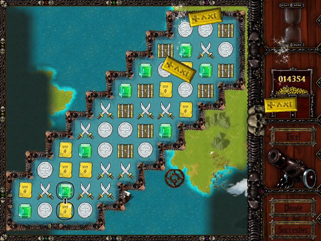 Caribbean Pirate Quest (Windows) screenshot: In this level, the treasure is bars of gold that fall. I must shoot them with the cannon sight.