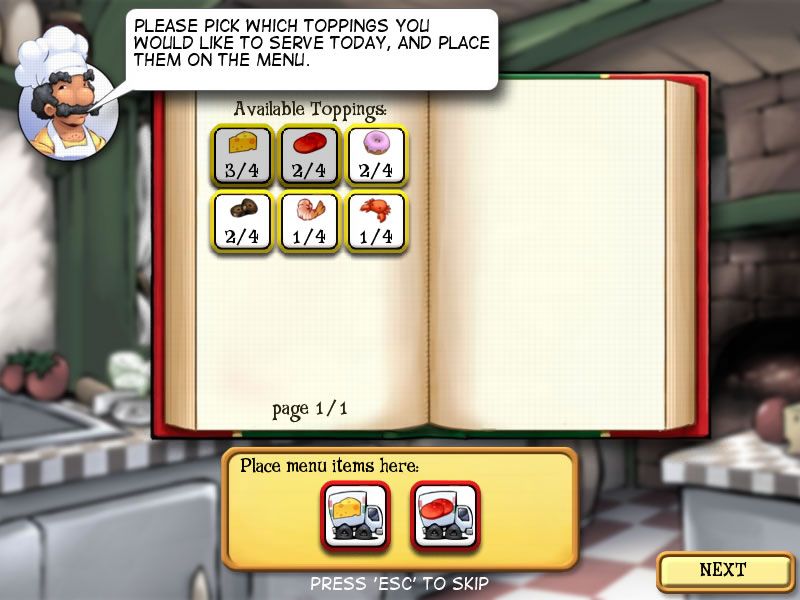 Pizza Frenzy (Windows) screenshot: Select the toppings you want to use.