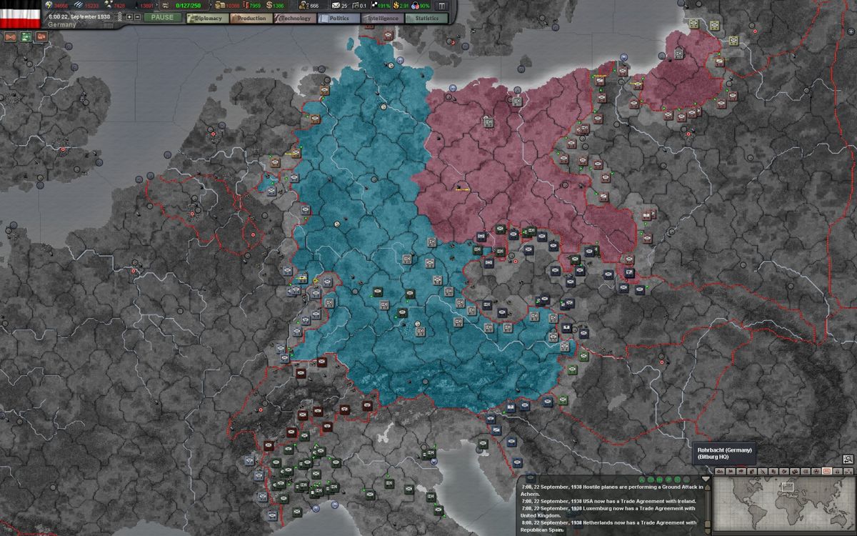 Hearts of Iron III (Windows) screenshot: Playing as Germany I declared war on every neighbouring nation. Time for some serious world conquering!