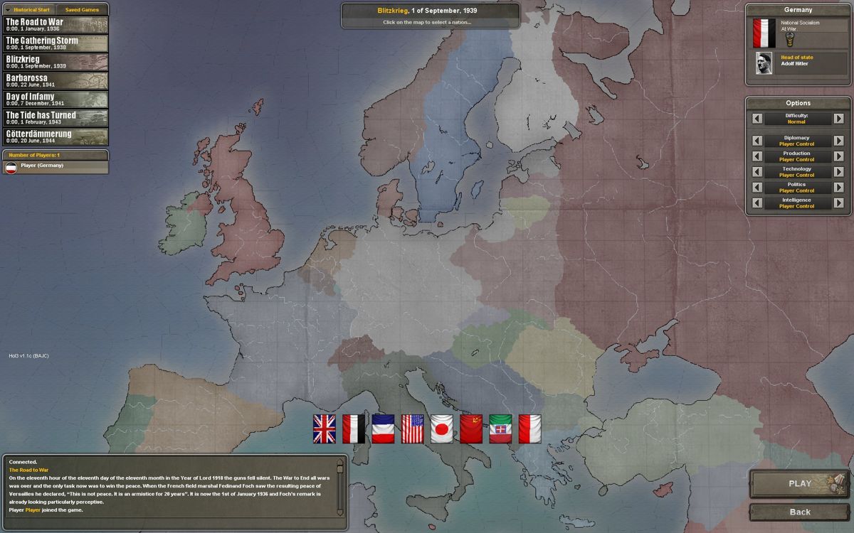 Hearts of Iron III (Windows) screenshot: Choose your nation and starting-year.