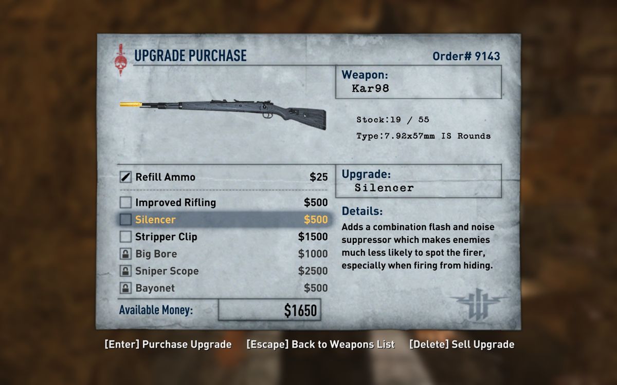 Wolfenstein (Windows) screenshot: Purchasing weapon upgrades.