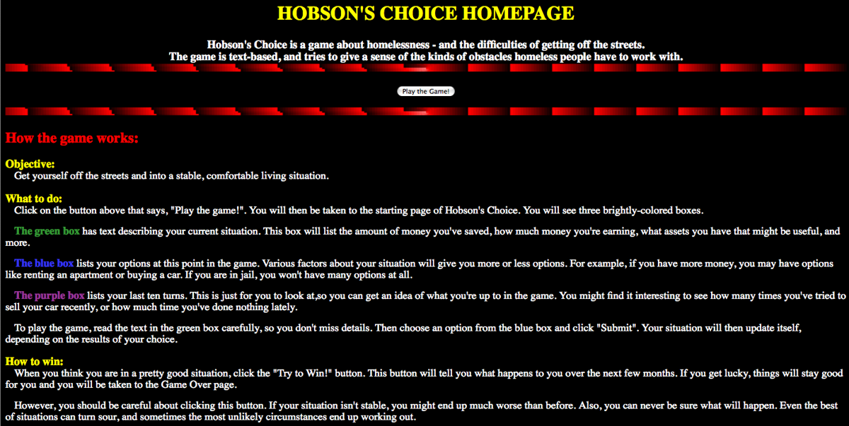 Hobson's Choice (Browser) screenshot: Perl version frontpage
