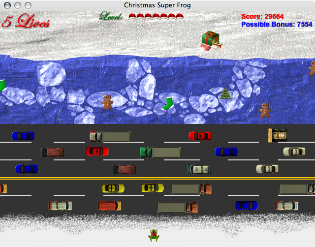 Christmas Super Frog (Macintosh) screenshot: Level seven apparently takes place during rush hour.