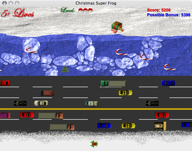 Christmas Super Frog (Macintosh) screenshot: The third level. Traffic is much busier than before.