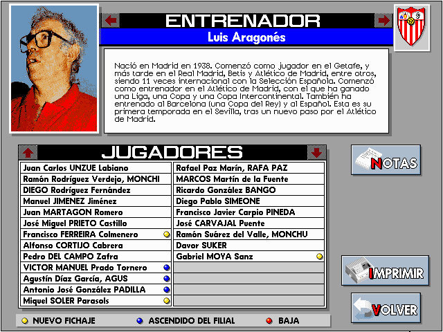 PC Fútbol (DOS) screenshot: Coach information and Players list