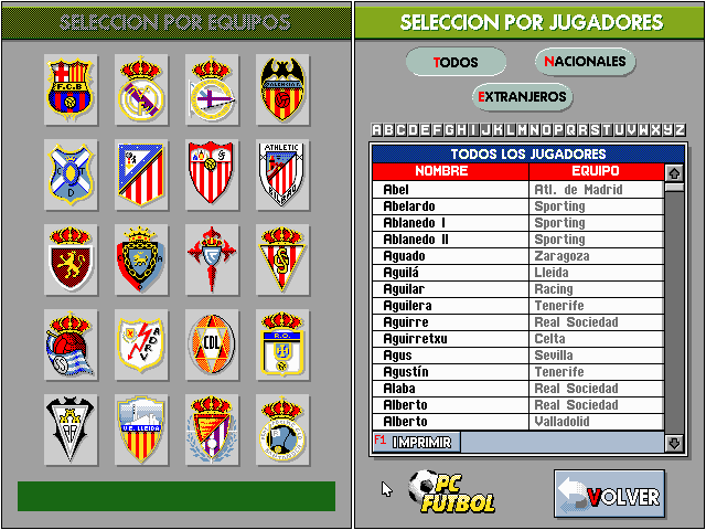 PC Fútbol (DOS) screenshot: Database: Team or Player selection