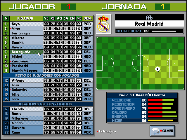 PC Fútbol (DOS) screenshot: Squad List