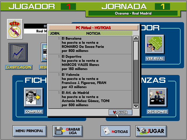 PC Fútbol (DOS) screenshot: News