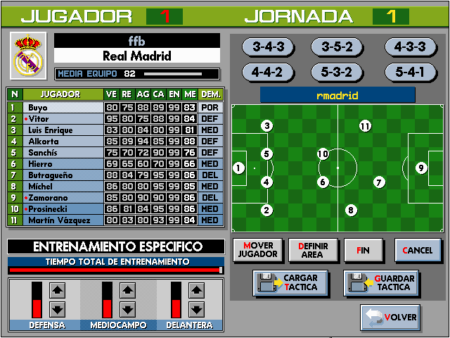 PC Fútbol (DOS) screenshot: Team Formation